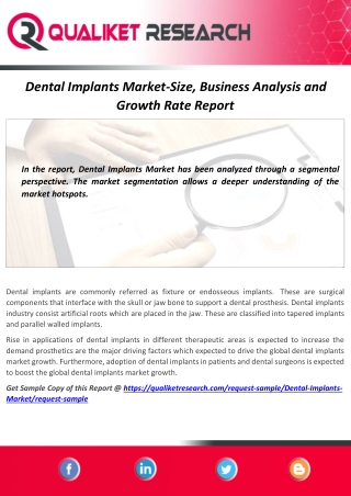 Dental Implants Market : World Business Overview, Key Players Analysis, Segmentations, Applications Report to 2020-2027