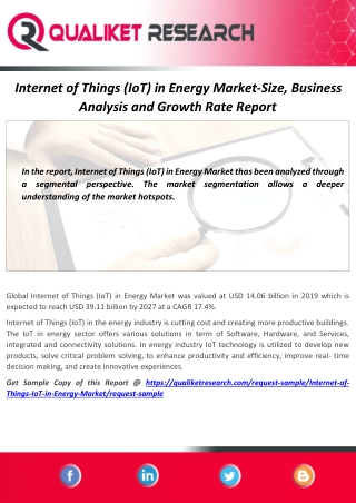 Internet of Things (IoT) in Energy Market Research Report 2020 | Progress Study By Type, Application And Manufacturers U