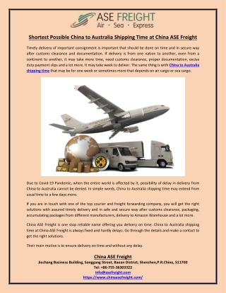 Shortest Possible China to Australia Shipping Time at China ASE Freight
