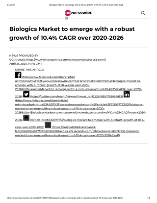 Biologics Market, Size, Share, Outlook and Growth Opportunities 2020-2026