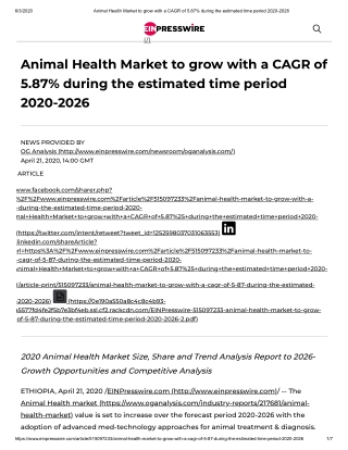 Animal Health Market, Size, Share, Outlook and Growth Opportunities 2020-2026