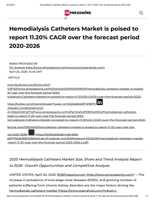 2020 Hemodialysis Catheters Market Size, Share and Trend Analysis Report to 2026- Growth Opportunities and Competitive A