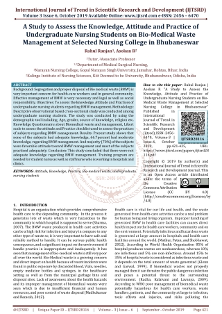 A Study to Assess the Knowledge, Attitude and Practice of Undergraduate Nursing Students on Bio Medical Waste Management