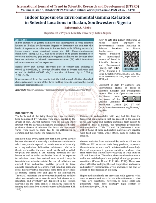 Indoor Exposure to Environmental Gamma Radiation in selected Locations in Ibadan, Southwestern Nigeria