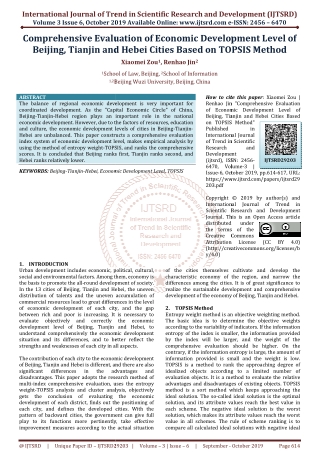 Comprehensive Evaluation of Economic Development Level of Beijing, Tianjin and Hebei Cities Based on TOPSIS Method