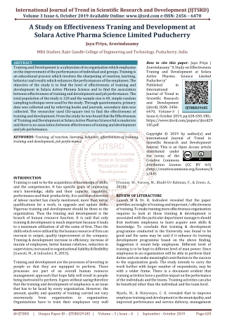 A Study on Effectiveness Traning and Development at Solara Active Pharma Science Limited Puducherry