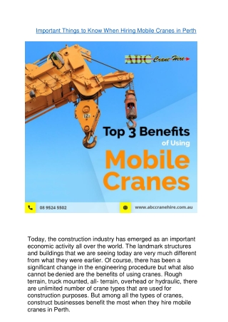 IMPORTANT THINGS TO KNOW WHEN HIRING MOBILE CRANES IN PERTH