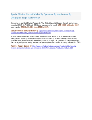 Special Mission Aircraft Market By Operation, By Application, By Geographic Scope And Forecast
