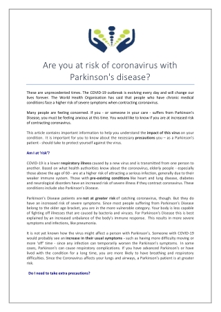 Are You at Risk of Coronavirus with Parkinson'S Disease?