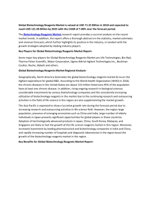 Biotechnology Reagents Market Opportunities, Key Players & Forecast Outlook 2025