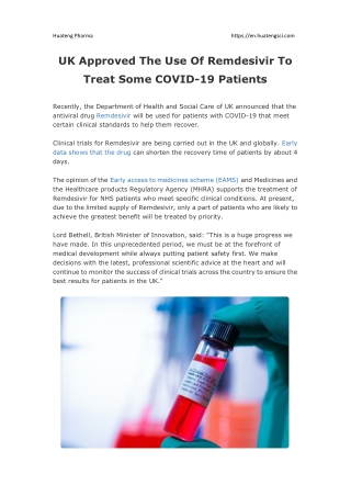 UK Approved The Use Of Remdesivir To Treat Some COVID-19 Patients