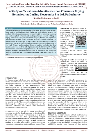 A Study on Television Advertisement on Consumer Buying Behaviour at Darling Electronics Pvt Ltd, Puducherry