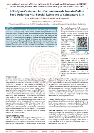 A Study on Customer Satisfaction towards Zomato Online Food Ordering with Special Reference to Coimbatore City