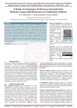 A Study on Consumer Preference towards Four Wheeler Loans with Reference to Coimbatore District