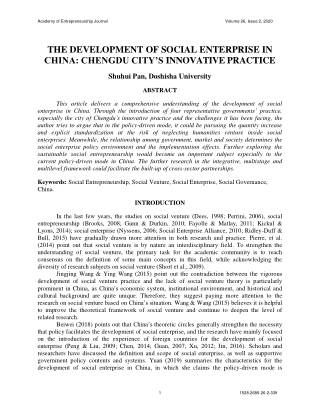 The Development of Social Enterprise in China Chengdu Citys Innovative Practice
