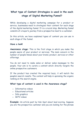 What Type of Content Strategies is Used in The Each Stage of Digital Marketing Funnel?