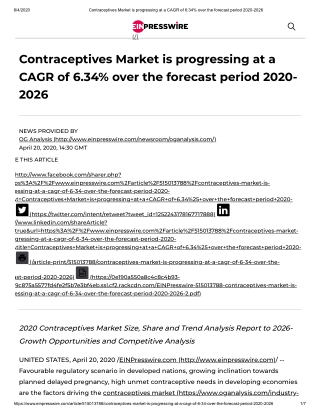 2020 Contraceptives Market Size, Share and Trend Analysis Report to 2026- Growth Opportunities and Competitive Analysis