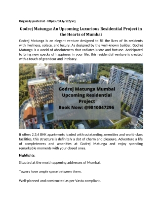 Godrej Matunga: An Upcoming Luxurious Residential Project in the Hearts of Mumbai!!