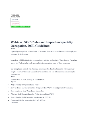 Webinar: SOC Codes and Impact on Specialty Occupation, DOL Guidelines