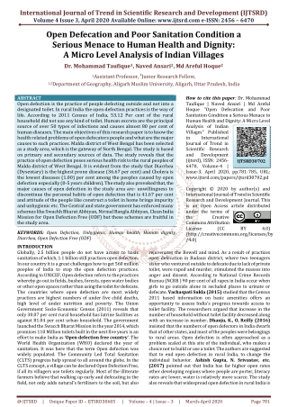 Open Defecation and Poor Sanitation Condition a Serious Menace to Human Health and Dignity A Micro Level Analysis of Ind