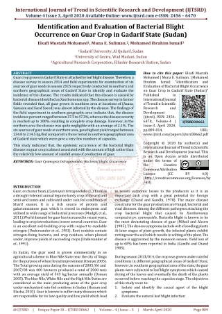 Identification and Evaluation of Bacterial Blight Occurrence on Guar Crop in Gadarif State Sudan