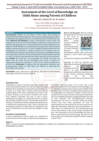 Assessment of the Level of Knowledge on Child Abuse among Parents of Children