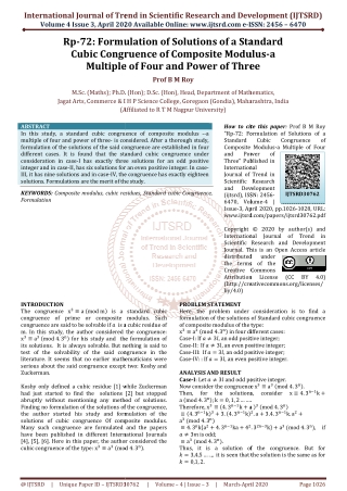 Rp 72 Formulation of Solutions of a Standard Cubic Congruence of Composite Modulus a Multiple of Four and Power of Three