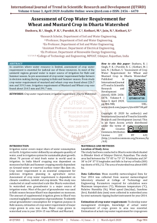 Assessment of Crop Water Requirement for Wheat and Mustard Crop in Dharta Watershed