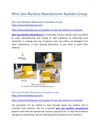 Wire Saw Machine Manufacturer Kashdra Group