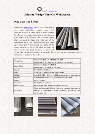 Bluslot Johnson Wedge Wire Pipe Based Oil Well Screens