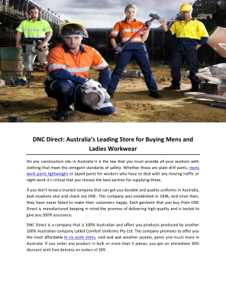 DNC Direct- Australia’s Leading Store for Buying Mens and Ladies Workwear