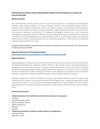 Automated Fare Collection System Market Global Analysis of Key Manufacturers, Dynamics & Forecast 2019-2027