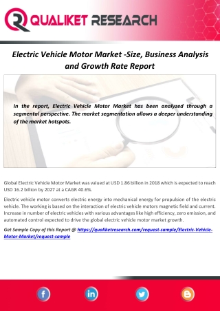 Global Electric Vehicle Motor Market 2019 Trends, Market Share, Industry Size, Growth Rate, Opportunities and Forecast t