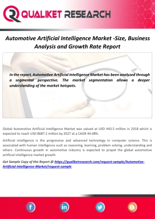 Automotive Artificial Intelligence Market Segmentation,Technology Trend,Application,Advancement,Regional Analysis amd Gr