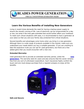 Learn the Various Benefits of installing New Generators