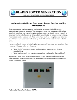 A Complete Guide on Emergency Power Service and its Maintenance