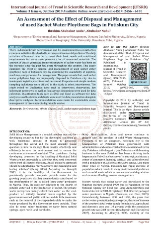 An Assessment of the Effect of Disposal and Management of used Sachet Water Ploythene Bags in Potiskum City