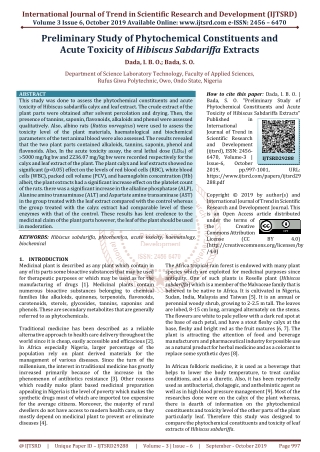 Preliminary Study of Phytochemical Constituents and Acute Toxicity of Hibiscus Sabdariffa Extracts