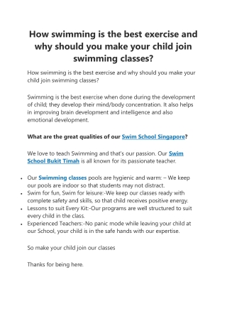 How swimming is the best exercise and why should you make your child join swimming classes?