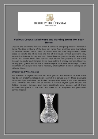 Various Crystal Drinkware and Serving Items for Your Home
