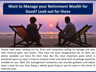 Want to Manage your Retirement Wealth for good Look out for these