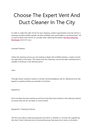 Choose The Expert Vent And Duct Cleaner In The City