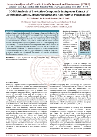 GC-MS Analysis of Bio-Active Compounds in Aqueous Extract of Boerhaavia Diffusa, Euphorbia Hirta and Amaranthus Polygono