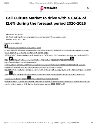 2020 Cell Culture Market Size, Share and Trend Analysis Report to 2026