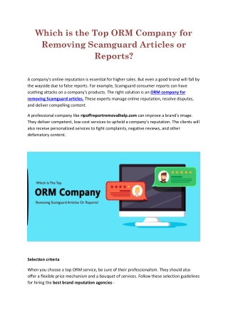 What is the criteria for hiring best ORM Company to remove Scamguard Articles?