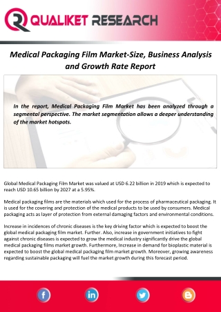Medical Packaging Film Market 2020: Industry Overview by Size, Future Scope, Key Players Analysis and Growth Factors up