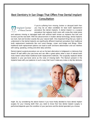 Best Dentistry In San Diego That Offers Free Dental Implant Consultation