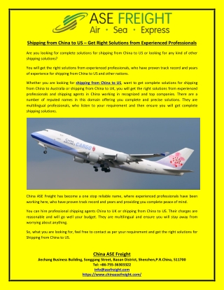 Shipping from China to US – Get Right Solutions from Experienced Professionals