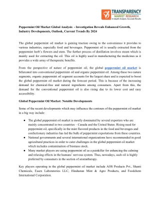 Peppermint Oil Market Global Analysis – Investigation Reveals Enhanced Growth, Industry Developments, Outlook, Current T