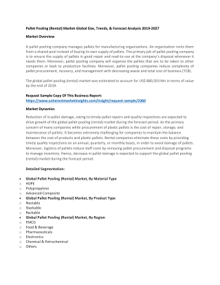 Pallet Pooling (Rental) Market Global Size, Trends, & Forecast Analysis 2019-2027